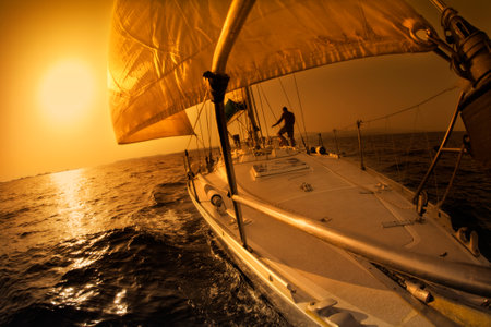 people on a sail boat at the sunsetの写真素材