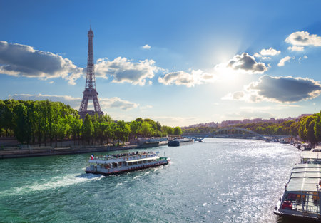 Eiffel Tower and bridge Iena on the river Seine in Paris, France.の写真素材
