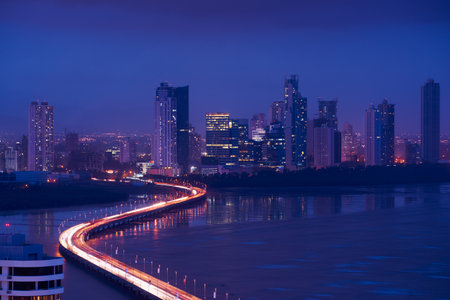 Panama City, Central America, view of Costa Del Este and Corredor Highway at night, with traffic jam of cars and vehiclesの写真素材