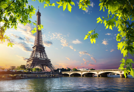 Eiffel Tower and bridge Iena on the river Seine in Paris, France.の写真素材