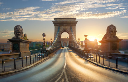 Statues of Lions on Chain Bridge in Budapest at sunrise, Hungaryの写真素材