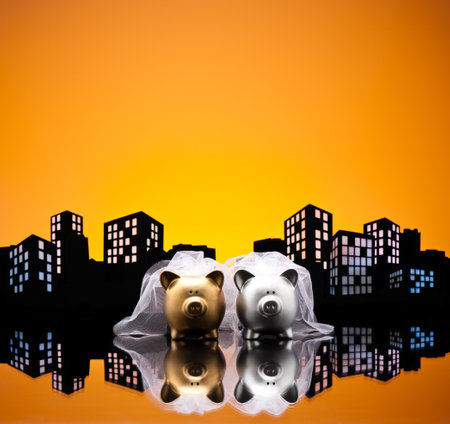 Metropolis City lesbian piggy bank civil union with veilの写真素材