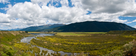 Panorama of Waiau river wetland South island of New Zealandの写真素材