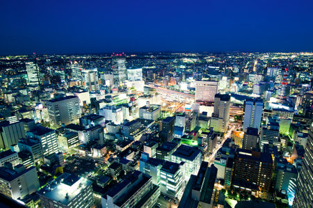Sendai train station by night panoramic viewの写真素材