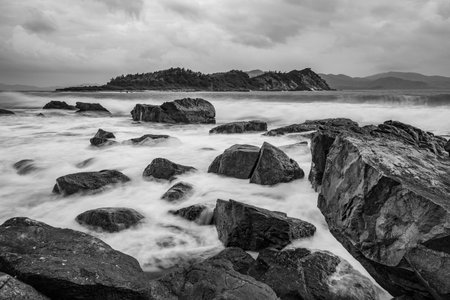 rocky coastline black and whiteの写真素材