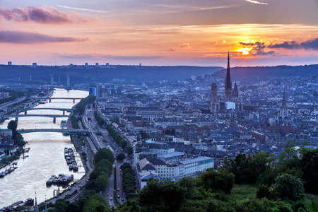 Sunset in Rouen - aerial view. Rouen, Normandy, Franceの写真素材