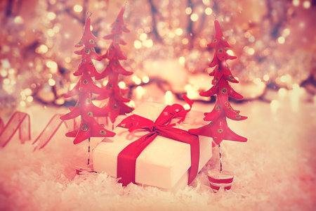 Beautiful vintage Christmas gift, old winter holiday card, nice gift box and abstract bokeh lights...