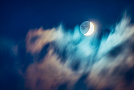Beautiful moon background, scary dark cloudy sky, horror night of Halloween holidayの写真素材