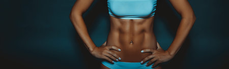 Female Body With Perfect Abs. Fit Girl With Six Pack Isolated on Dark Background. Healthy Active Lifestyle. Sportive Life. Panoramic Photo.の写真素材