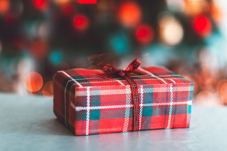 Nice Stylish Wrapped Gift Box. Traditional Red and Green Xmas Colors. Receiving Present for...