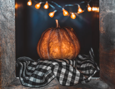 Traditional Thanksgiving Day Decor. Big Ripe Orange Pumpkin Decorated with Glowing Garland. Beautiful Festive Still Life. Cozy Family Evening.の写真素材