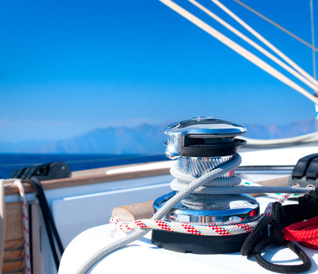 Yacht. Yachting. Sailboat Winch and Rope Yacht detailの写真素材