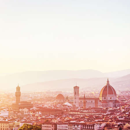 Amazing cityscape, Cathedral Saint Mary of the Flower on sunset, Basilica di Santa Maria del Fiore in Tuscany Florence, Italy, Europeの写真素材