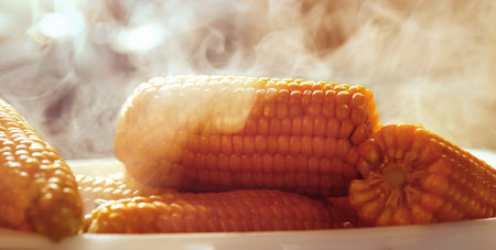 Closeup Photo of a Tasty Hot Boiled Sweet Corn. Traditional Dish on Thanksgiving Table. Delicious Yellow Maize.の写真素材