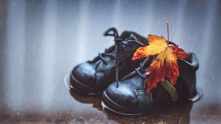 Closeup photo of a small baby boots in the puddle with dry maple leaf on it, waterproof child's shoes, autumn season conceptの写真素材