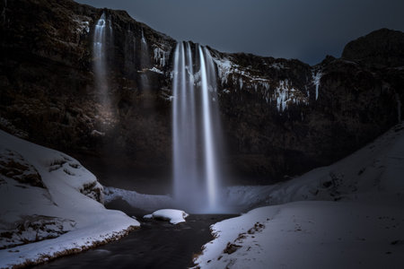 Amazing Landscape of a Seljalandsfoss Waterfall. Travel Destination. Winter Season. Beautiful Nature of Iceland.の写真素材
