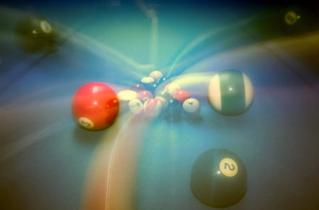 Billiard table vintage background, playing game in night club, slow motion technique, soft focus...