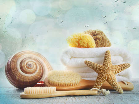 Assortment of spa brushes and sponges on white backgroundの写真素材