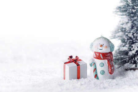 Small cute snowman with gift in fir forest under falling snowの写真素材
