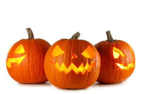 Three Halloween Pumpkins isolated on white backgroundの写真素材