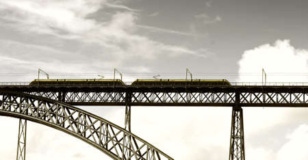 Metro Train on the Bridge Built by Eiffel in Porto, Vintage Style Toned Pictureの写真素材