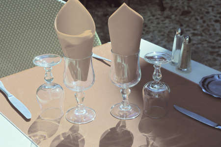 Served Table in the Street Cafe, Vintage Style Toned Pictureの写真素材