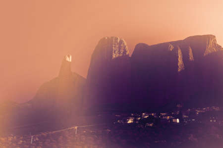 Deserted village in Spain at dawn in a contemporary style. Medieval settlement at the foot of the cliffs in the Spanish Pyrenees.の写真素材
