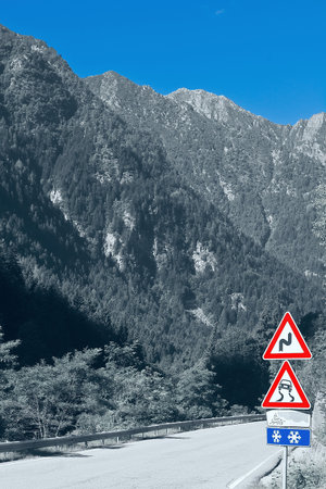 Winding Paved Road in the Italian Alps, Toned Pictureの写真素材