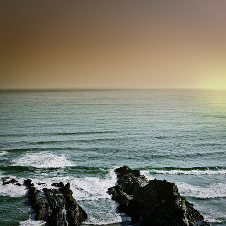 Rocky Coast of Atlantic Ocean in Portugal at Sunset, Vintage Style Toned Picture