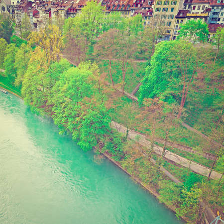 Aerial View to the Roofs of the City of Berne and River Aare in Switzerland, Instagram Effectの写真素材