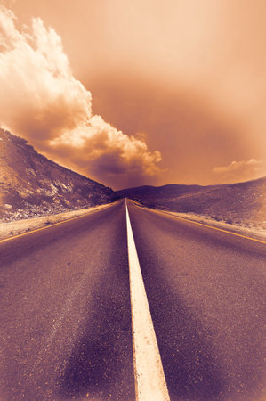 Deserted road in Israel at dawn in a contemporary style. Asphalt highway through the Middle East...