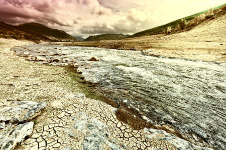 River on the Bottom of Canyon in the Cantabrian Mountain at Sunset, Vintage Style Toned Picture