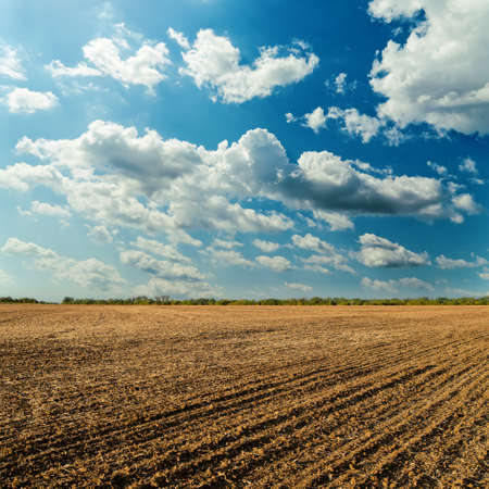 plowed field and cloudy sky in sunsetの写真素材
