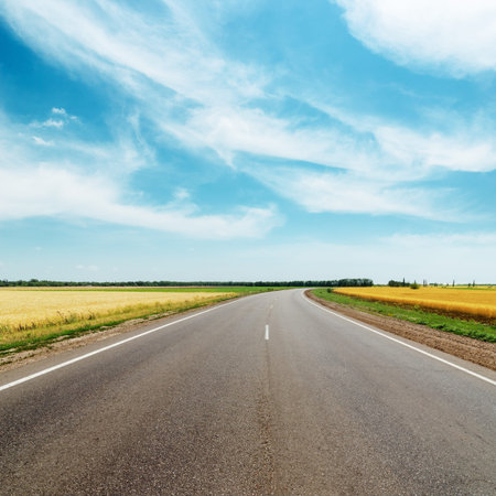 asphalt road to horizon between golden fields under blue sky with clouds