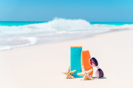 Suncream bottles, goggles, starfish and sunglasses on white sand beach background ocean