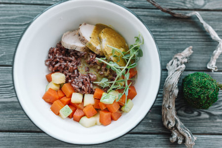 Healthy tasty vegan salad in white plateの写真素材