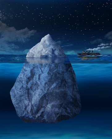 Big ocean liner ship about to hit floating icebergの写真素材