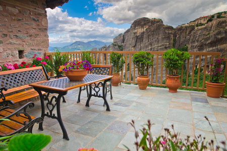 old balcony monastery of Meteoraの写真素材