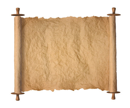 Old rolled blank torah parchment paper roll on white backgroundの写真素材
