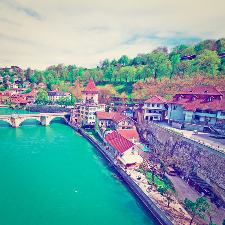 Aerial View to the Roofs of the City of Berne and River Aare in Switzerland.