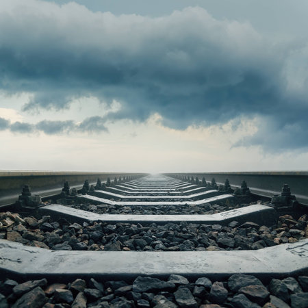 railroad closeup goes to horizon in dramatic skyの写真素材