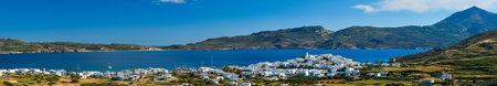 View of Plaka village with traditional Greek church. Milos island, Greeceの写真素材