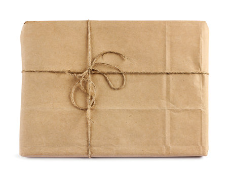 Brown mail package parcel wrap delivery with tagの写真素材