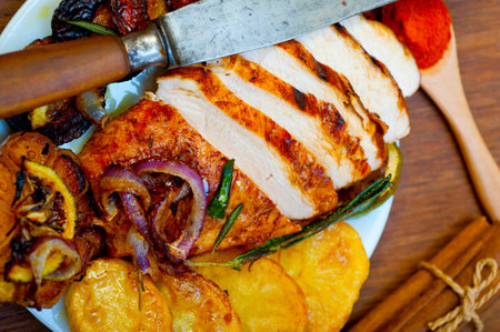 roasted grilled BBQ chicken breast with herbs and spices rustic styleの写真素材