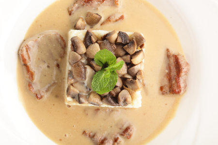 hot roasted meat with rice and mushrooms on white backgroundの写真素材
