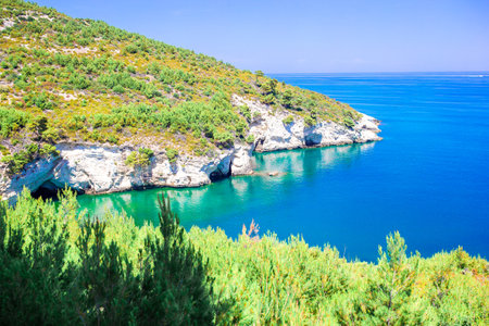 Beautiful cozy bay with clear turquoise water in Italy on Gargano reserveの写真素材