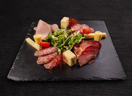 Meat delicatessen board on black slateの写真素材