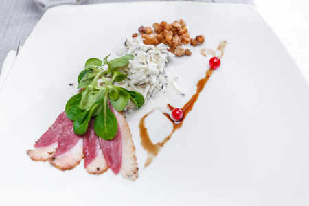 Sugar-cured smoked goose breast with black radish salad and goose cracklingsの写真素材
