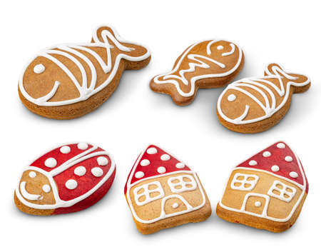 Set of Christmas gingerbread cookie on white backgroundの写真素材