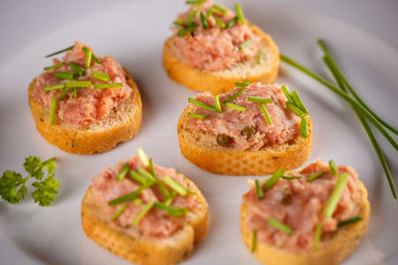 Bruschetta with liver sausage, tasty finger foodの写真素材